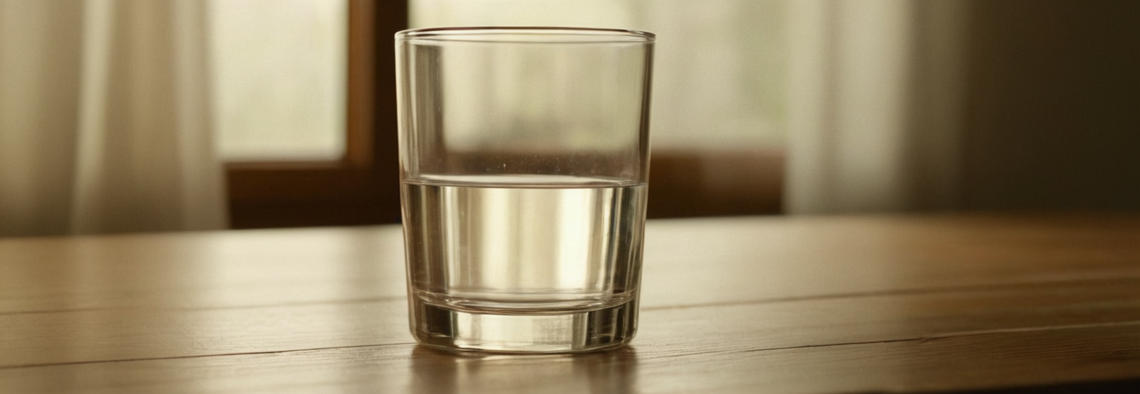 Clear glass of drinking water on a wooden table in natural morning light, symbolizing hydration, wellbeing, mental clarity, and healthy lifestyle habits.