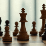 Chess pieces arranged strategically on a chessboard, symbolizing workplace influence, leadership, strategic thinking, and corporate decision-making.