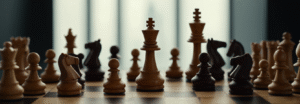 Chess pieces arranged strategically on a chessboard, symbolizing workplace influence, leadership, strategic thinking, and corporate decision-making.