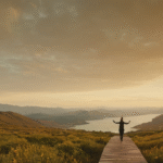 Cyberfulness image of a person walking through a mountain landscape, representing freedom from technology addiction and digital overload
