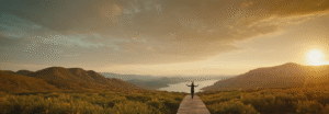 Cyberfulness image of a person walking through a mountain landscape, representing freedom from technology addiction and digital overload
