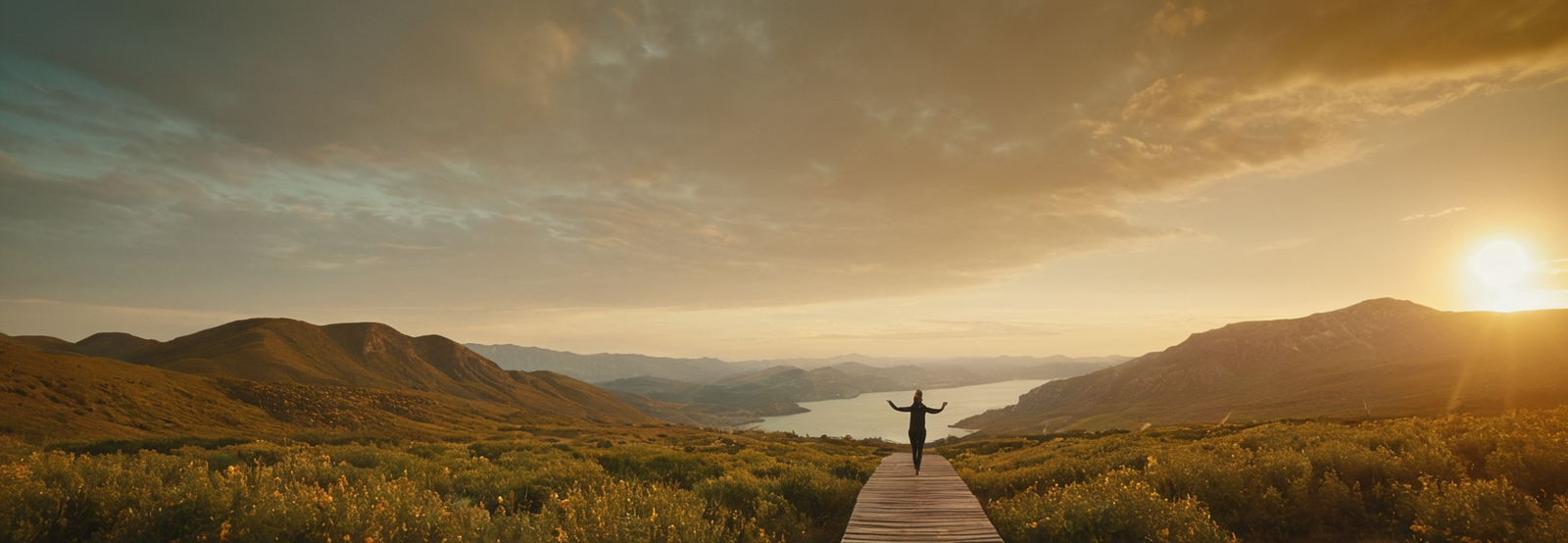 Cyberfulness image of a person walking through a mountain landscape, representing freedom from technology addiction and digital overload