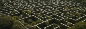 Cyberfulness conceptual image of a complex green maze representing the limits, uncertainty and reasoning challenges of large language models