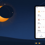Cyberfulness Darkly Android screen filter app displayed against a dark blue night landscape with an orange eclipse.