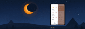 Cyberfulness Darkly Android screen filter app displayed against a dark blue night landscape with an orange eclipse.