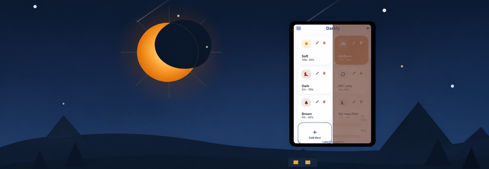 Cyberfulness Darkly Android screen filter app displayed against a dark blue night landscape with an orange eclipse.